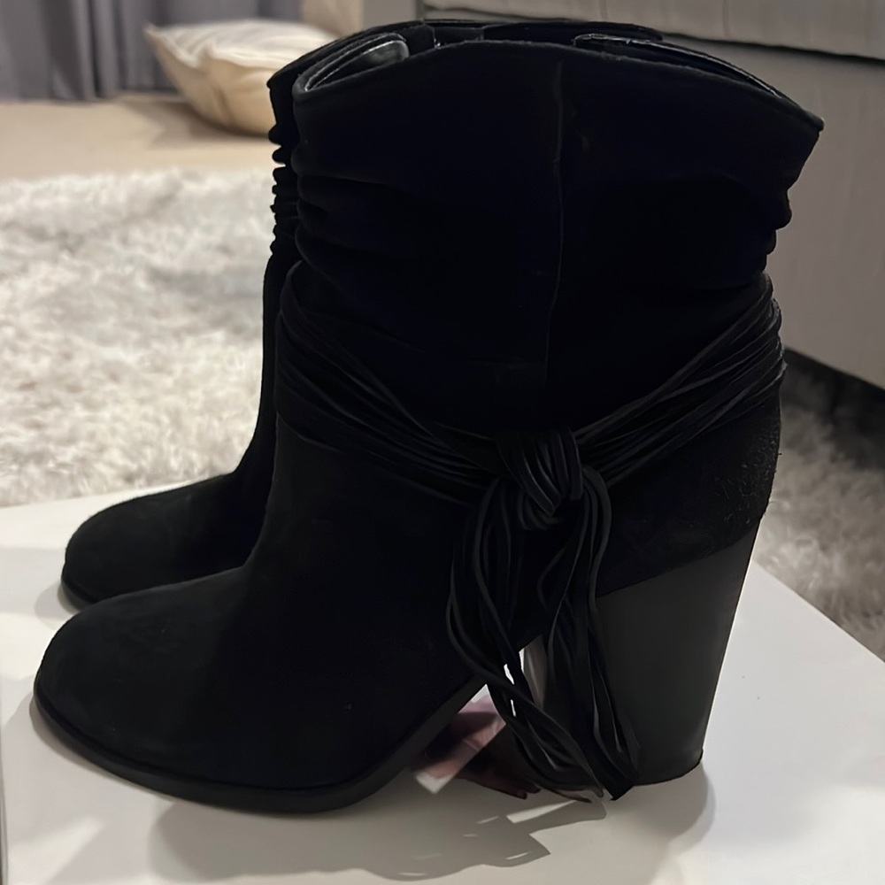 Black suede booties with side tassels